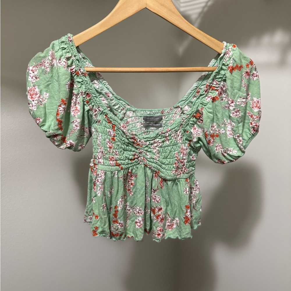 Floral Green Puff Sleeve Top